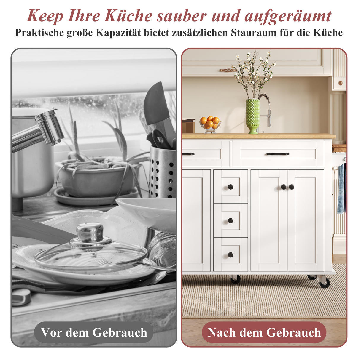 KÜCHENINSEL 140/89/40 cm Weiß/Natur aus MDF mit klappbarer Arbeitsplatte - Weiß, Holzwerkstoff (65/89/140cm) - OKMYHOME
