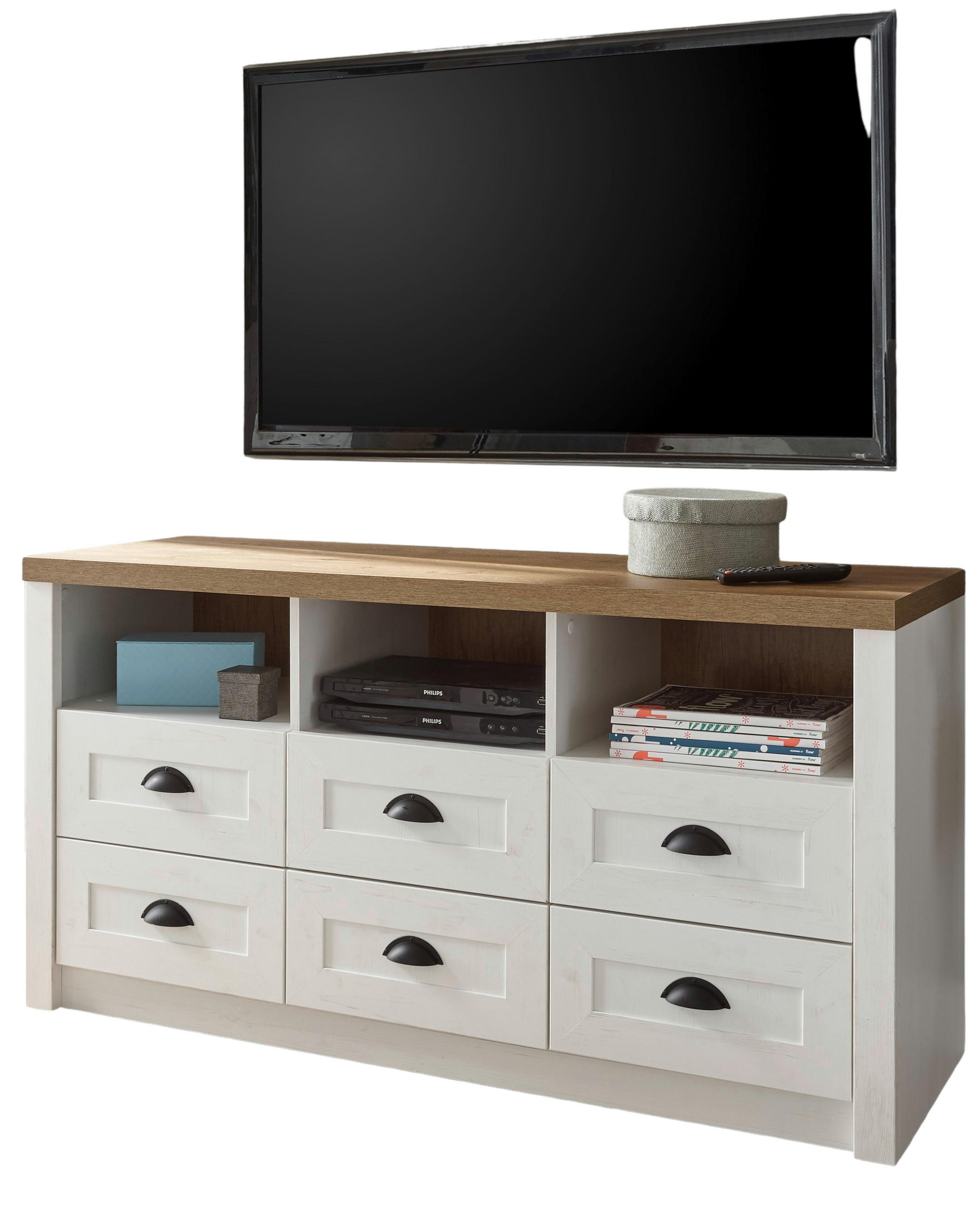 TV-LOWBOARD weiß Pinie, Eiche hell Landhaus, TV Unterteil mit Komforthöhe - Eichefarben/Weiß, Holzwerkstoff/Metall (130/68/43cm) - Furn.Design