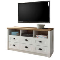 TV-LOWBOARD weiß Pinie, Eiche hell Landhaus, TV Unterteil mit Komforthöhe - Eichefarben/Weiß, Holzwerkstoff/Metall (130/68/43cm) - Furn.Design