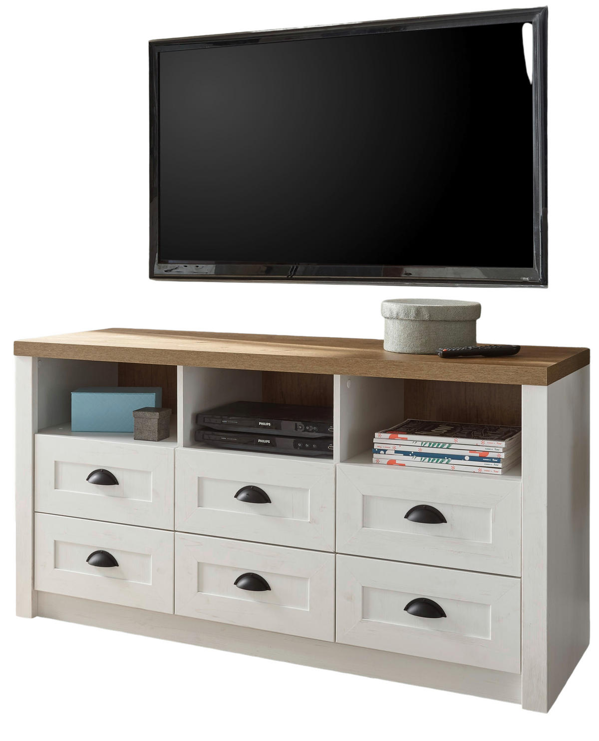 TV-LOWBOARD weiß Pinie, Eiche hell Landhaus, TV Unterteil mit Komforthöhe - Eichefarben/Weiß, Holzwerkstoff/Metall (130/68/43cm) - Furn.Design