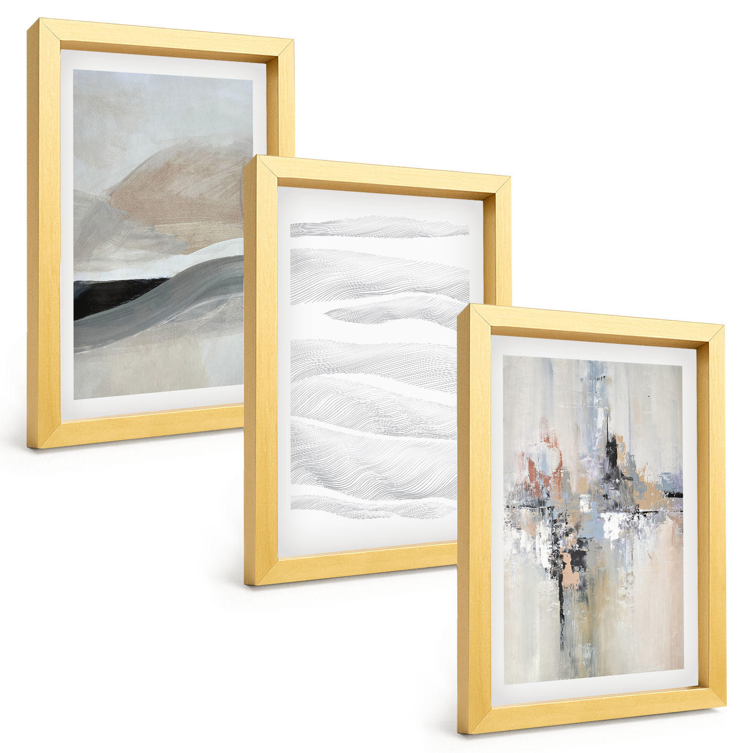 BILDER SET 3er Set - 20x30 cm Goldrahmen - Abstrakte Erdmuster - Goldfarben, Kunststoff (20/30cm) - TULUP