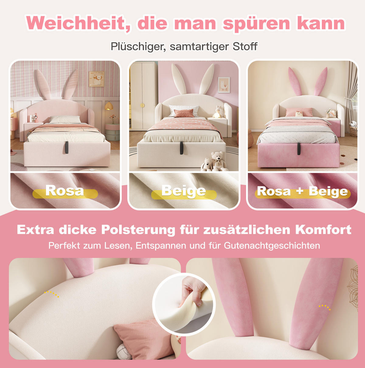 JUGENDBETT 90/200 cm aus Samt mit Stauraum, Nachttisch und Hasenohren-Design Beige/Rosa - Beige, Textil (90/200cm) - Modenvie