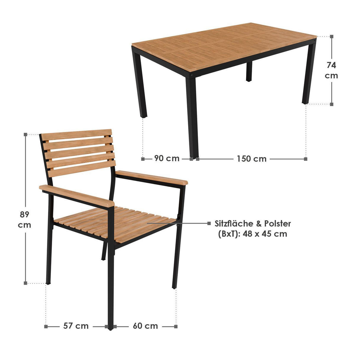 GARTENGARNITUR Rhodos Akazienholz 7-teilig - Braun, Holz/Metall - Juskys