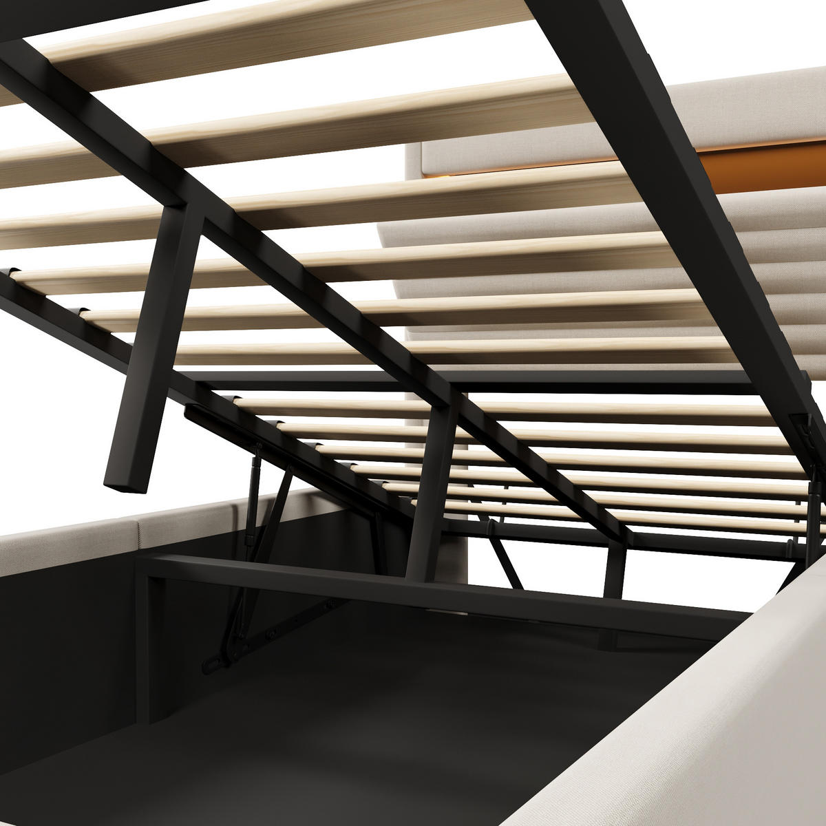 POLSTERBETT 90x200cm Hydraulik LED USB Typ C Leinen Beige - Beige, Naturmaterialien (90/200cm) - FLIEKS