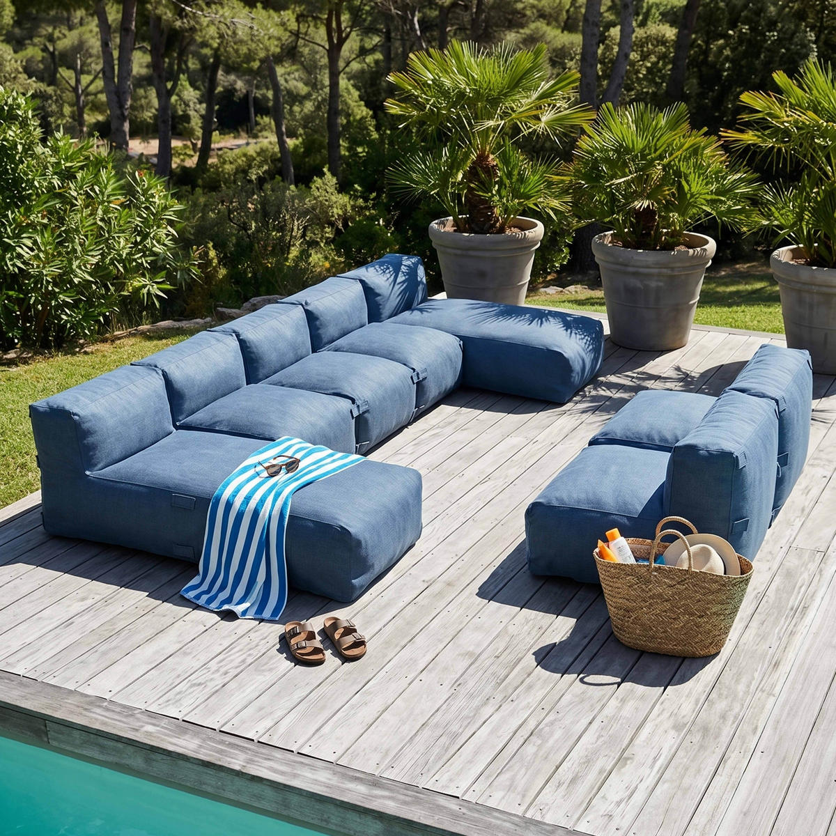 GARTENSOFA mit 7 Sitzplätzen, Pazifikblau - Blau, Textil - Oviala