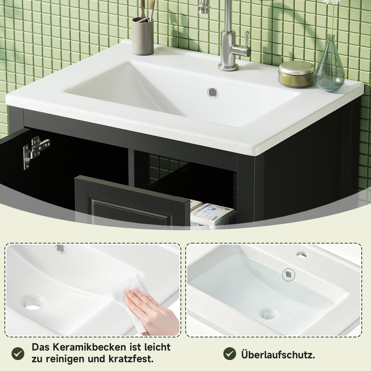 WASCHTISCH Freistehend mit Keramikbecken & 3 Schubladen 62cm - Schwarz, Holzwerkstoff (62/90/47cm) - Urban Meuble