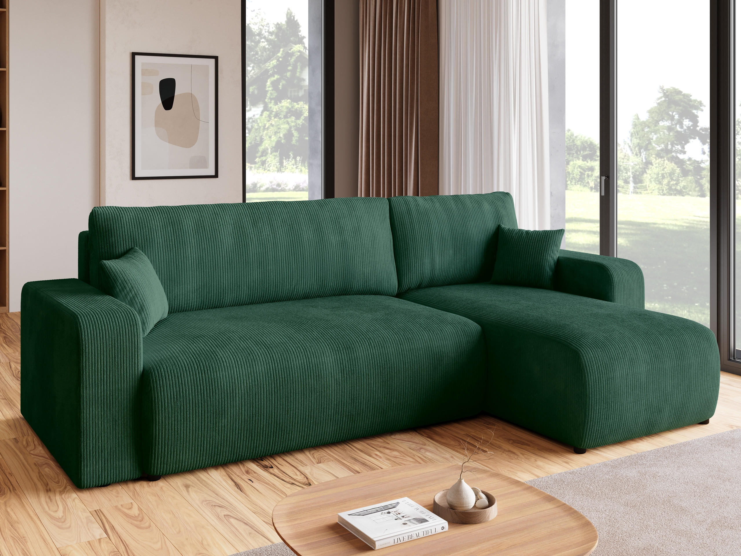 ECKSOFA PUMI mit Schlaffunktion Dunkelgrün Cord - Dunkelgrün, Textil (244/148cm) - Bromarkt