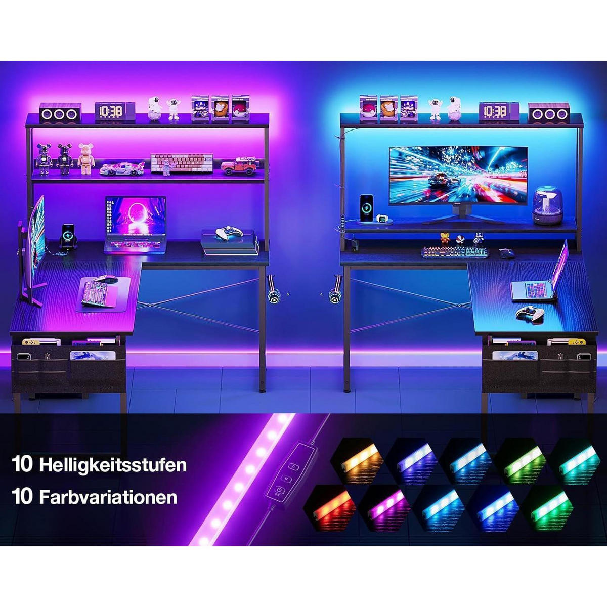 SCHREIBTISCH L-Form mit LED und Steckdosen 135 x 100 cm Schwarz - Schwarz, Holzwerkstoff (80/110/75.6cm)