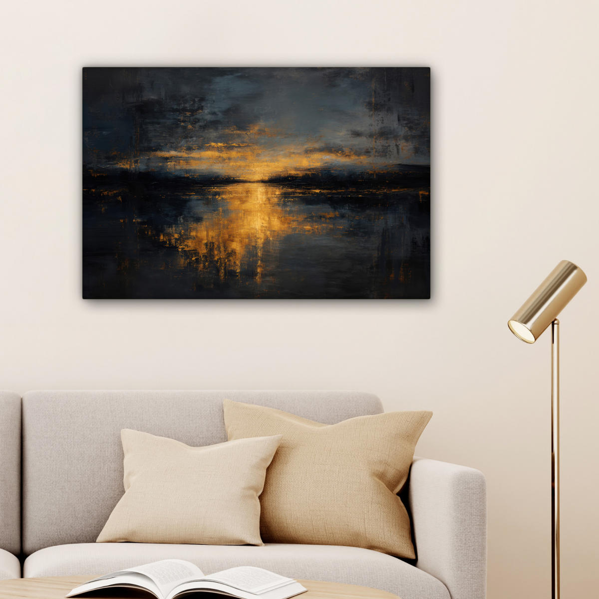 LEINWANDBILD Goldene Reflexion auf dem Wasser Wanddeko 90x60 cm - Anthrazit, Textil (90/60cm) - MuchoWow