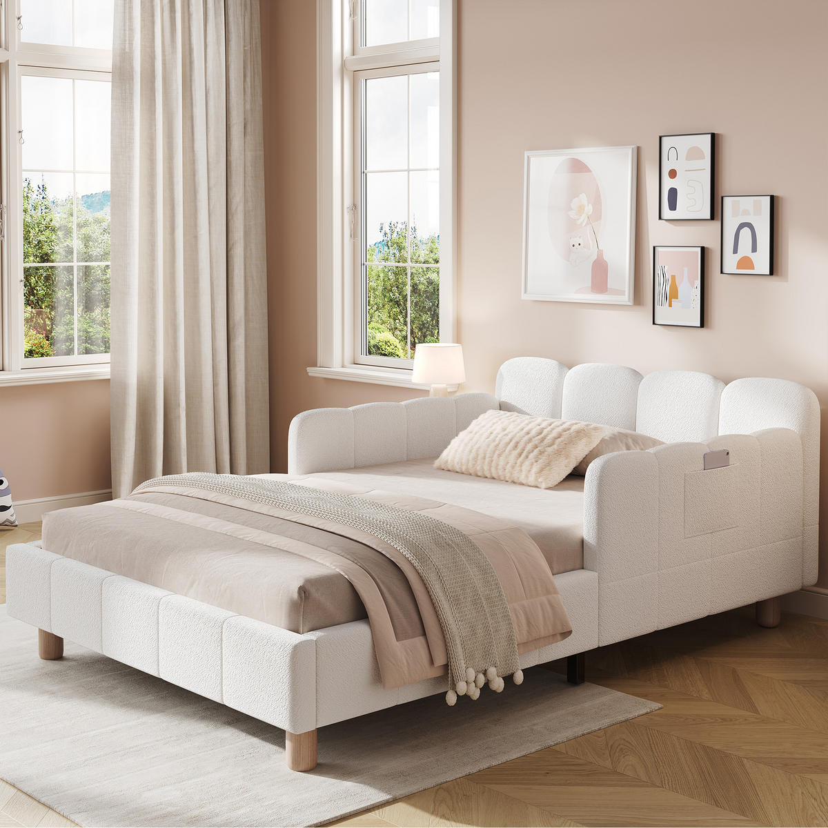 KINDERBETT 90/200 cm in Beige Stoff mit Rausfallschutz und Taschen - Beige, Holzwerkstoff/Textil (90/200cm) - WISHDOR