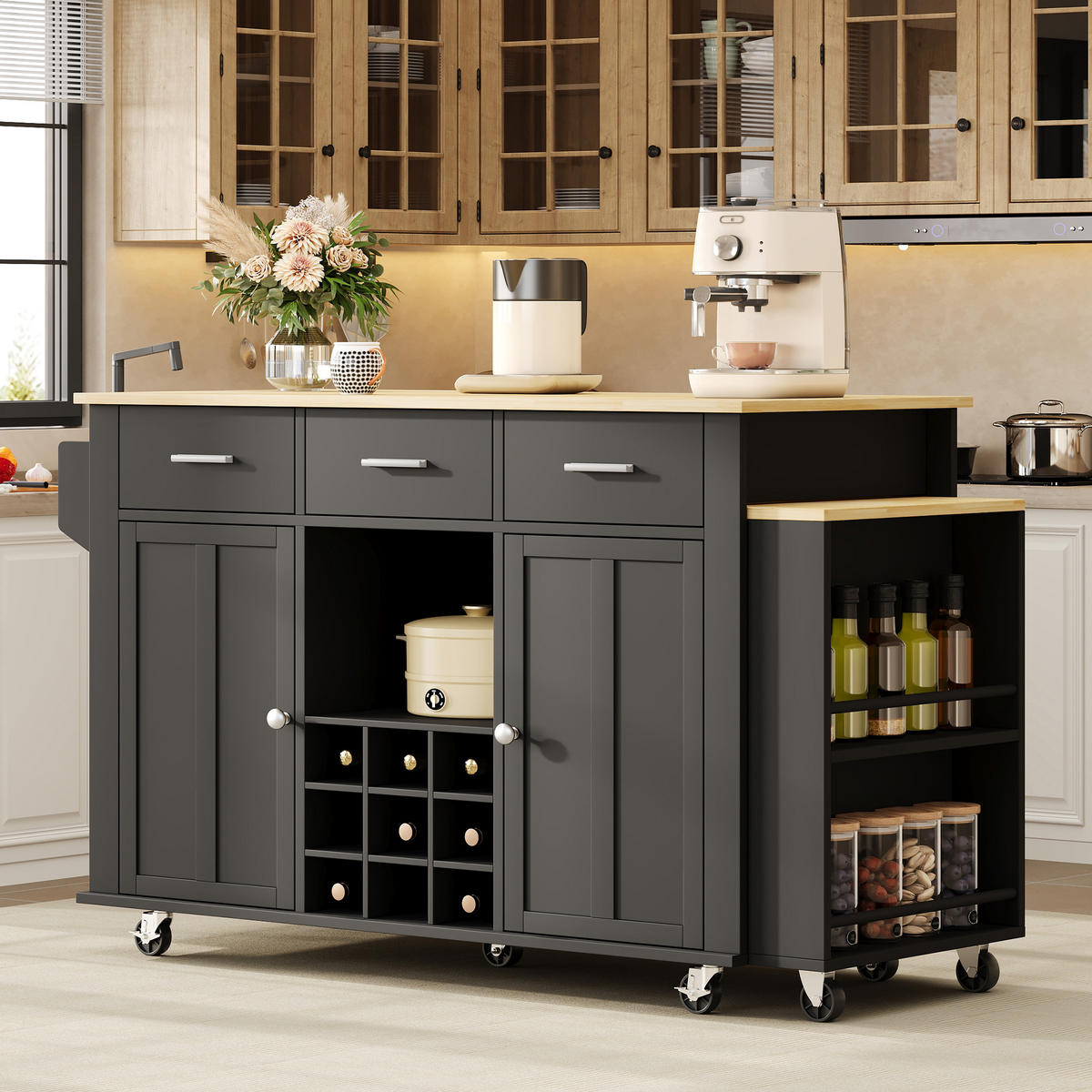 KÜCHENINSEL 93 cm MDF Schwarz Natur mit Ausziehbarer Arbeitsplatte und Weinregal - Schwarz, Holzwerkstoff (50/93/136cm) - Korfee