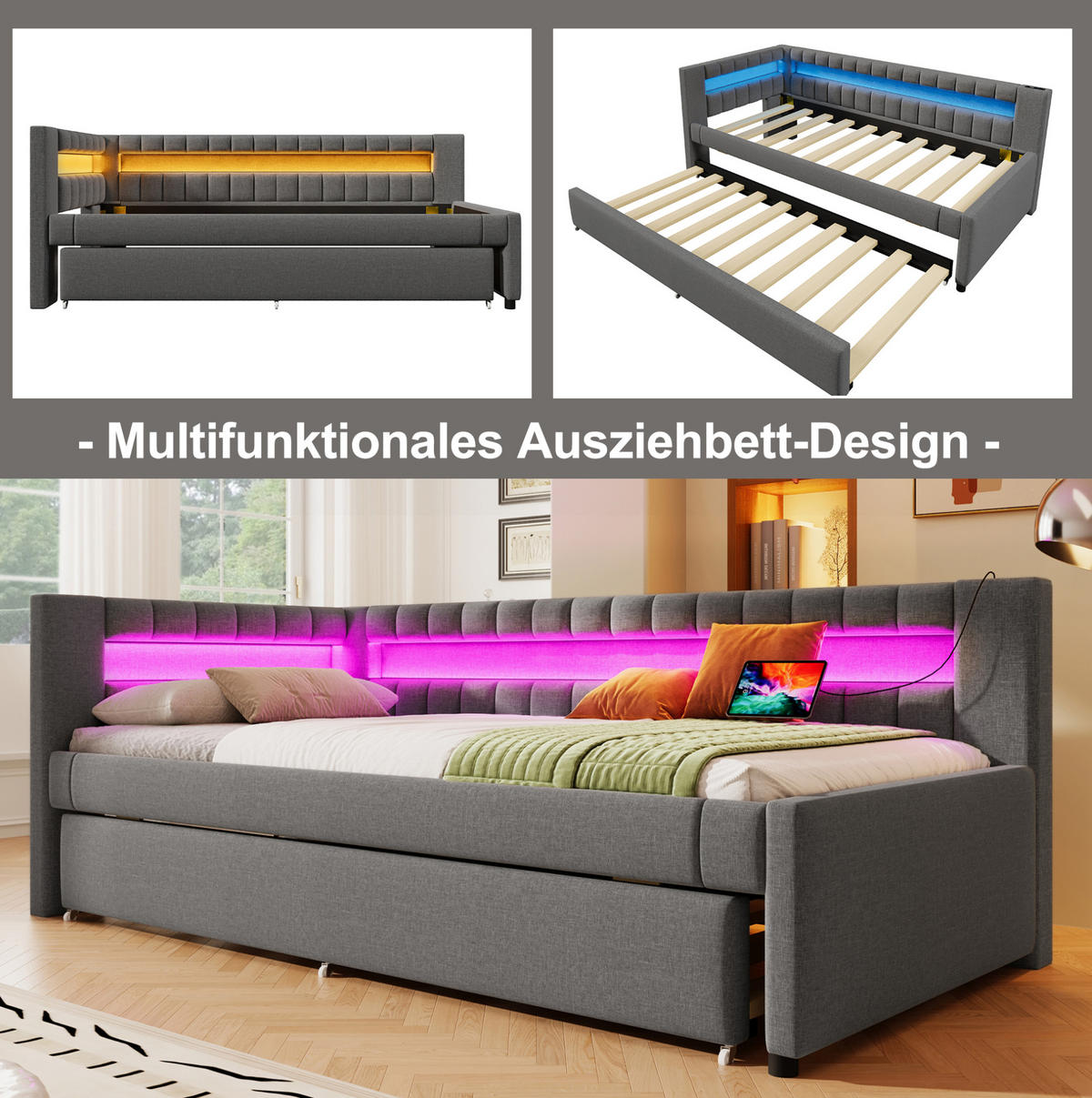 ČALOUNĚNÁ postel 90/200 cm z lnu s LED osvětlením, výsuvným lůžkem a USB + Type-C, Šedá - šedá, textil (90/200cm) - Redom