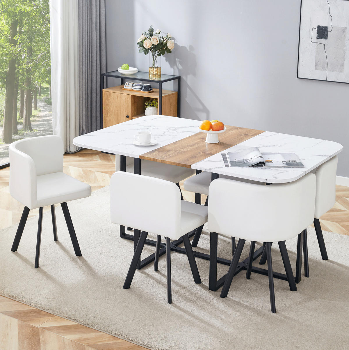 ESSTISCH-SET ausziehbar für 4-6 Personen Naturholz Weiß Schwarz - Multicolor, Metall (100/79/150cm) - Meubliv