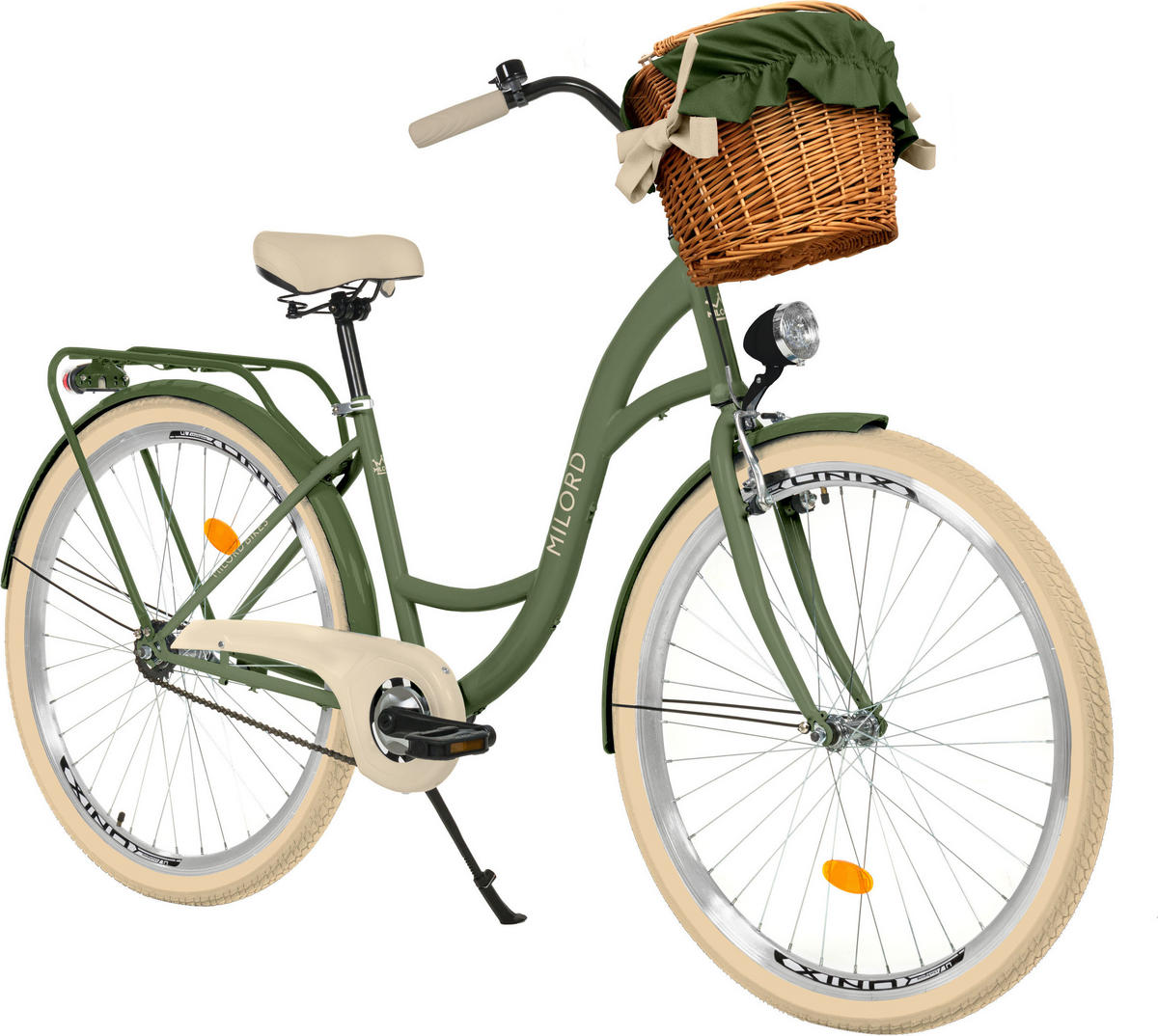 CITY-FAHRRAD Milord mit Weidenkorb, 26 Zoll, Khaki, 1-Gang - Grün, Metall (46cm) - Milordbikes
