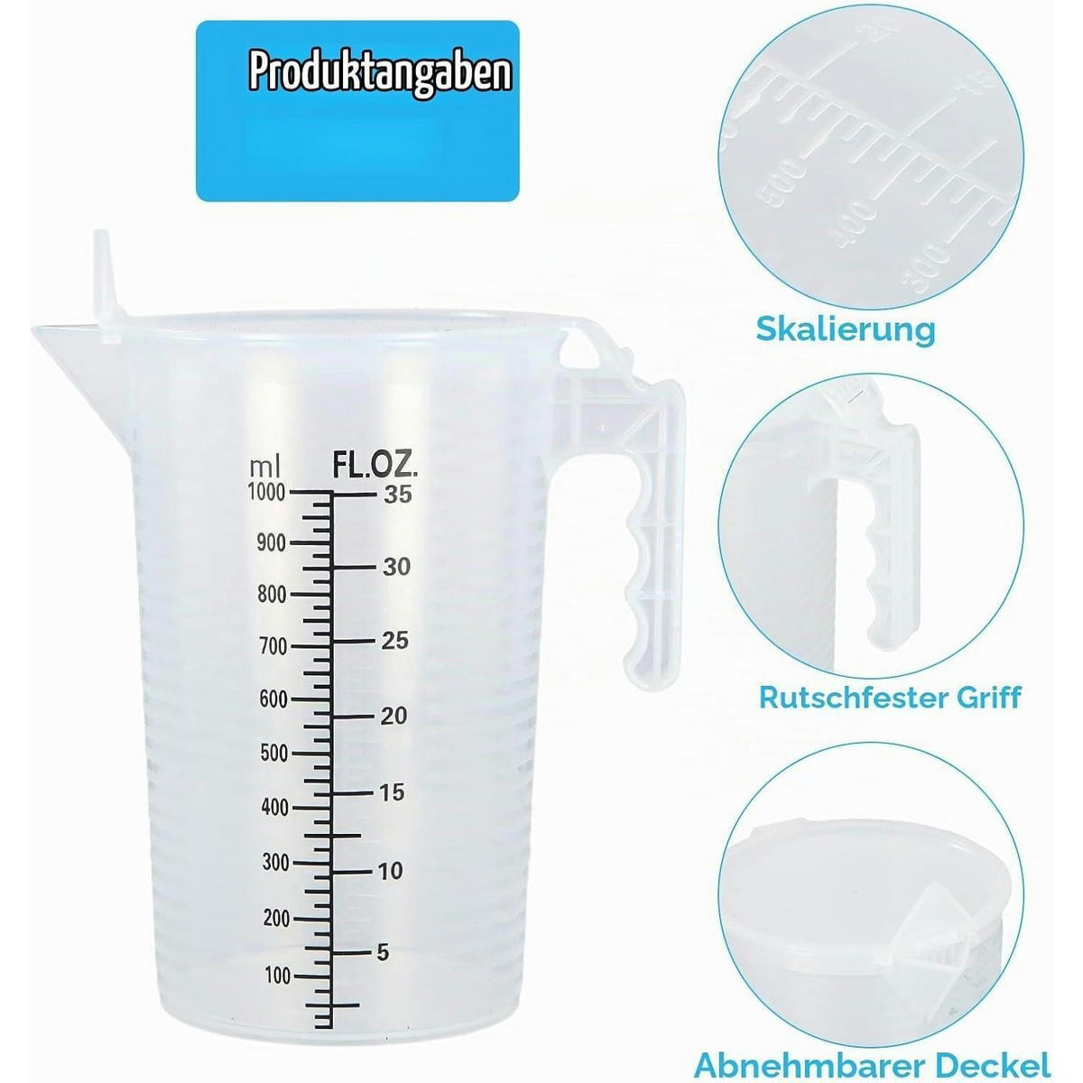 MESSBECHER 1000 ml mit Deckel und Griff - Weiß, Kunststoff (1L)