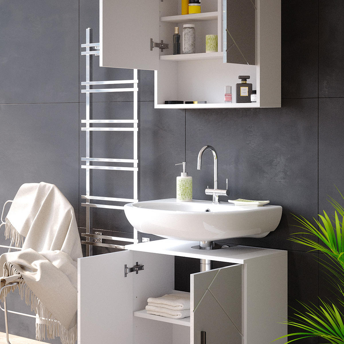 BADMÖBEL-SET Irma Weiß Hochglanz 2 Teile, Unterschrank 60 cm - Weiß Hochglanz/Weiß, Holzwerkstoff (80/58.6/41cm) - Vicco