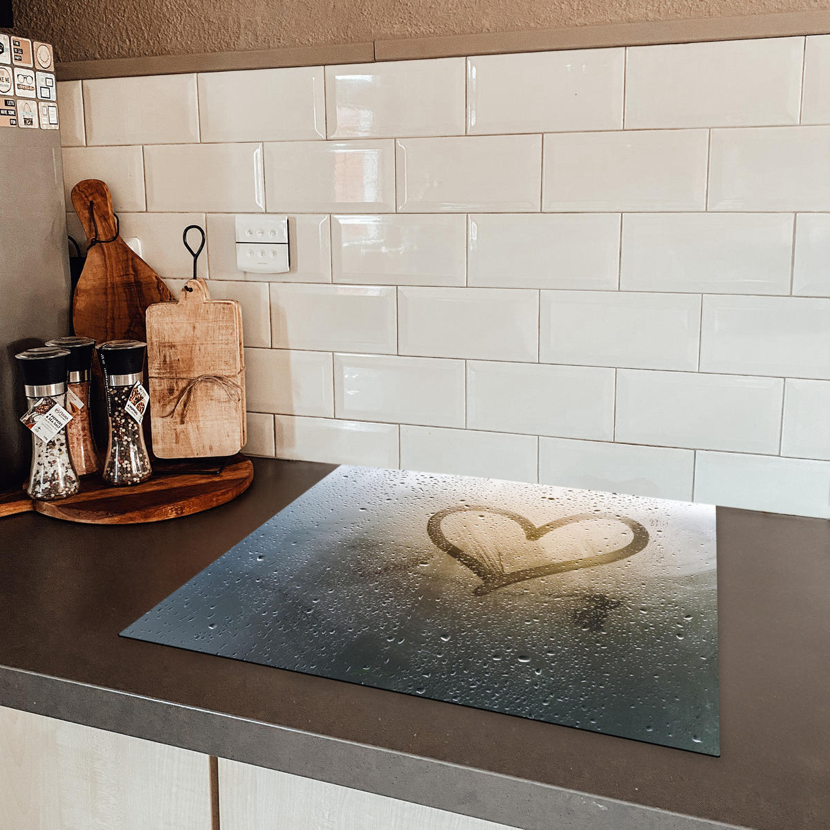 HERDABDECKPLATTE Herz - Kondenswasser - Wasser - 3D Ceranfeldabdeckung 59x52 cm - Grau, Kunststoff (59/52/0.2cm) - MuchoWow