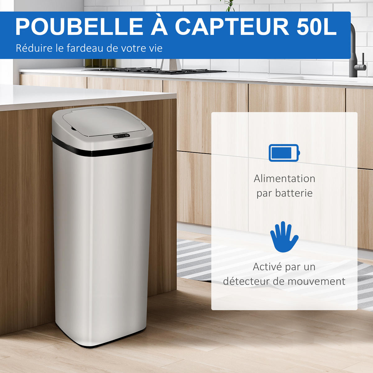 MÜLLEIMER DE-17630 automatisch mit Bewegungssensor, 50 L Edelstahl - Silberfarben, Metall (25/84/33cm) - ComfortXL