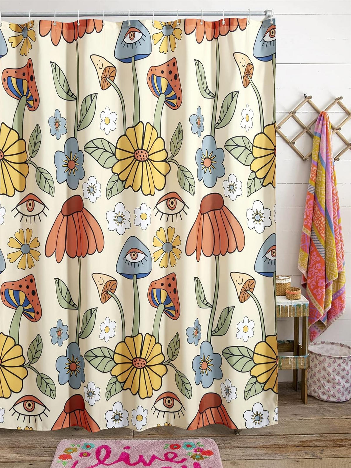 DUSCHVORHANG Champignon Boho Floral 180/180 cm Stoff mit 12 Haken - Ulmefarben, Kunststoff (180/180cm) - MCBOSON