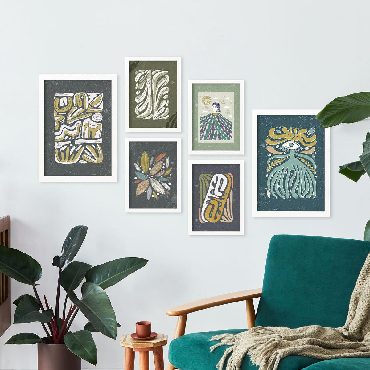 POSTER Set Mit 6 Drucken Mit Kalten Tönen In Der Sammlung Ethnischer Style Drucke Dekorative Rahmen Für Zuhause Wandkunstdruck A3 & A4 Weißer Rahmen - Weiß, Papier (29/3cm) - Nacnic