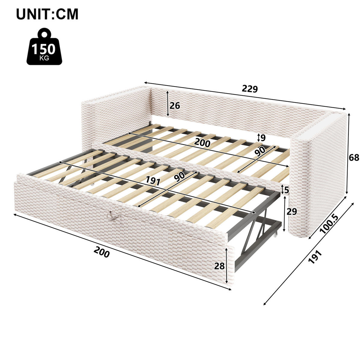 POLSTERBETT 90/200 cm mit Ausziehfunktion, LED-Beleuchtung und Samtbezug, Beige - Beige, Textil (90/200cm) - Redom