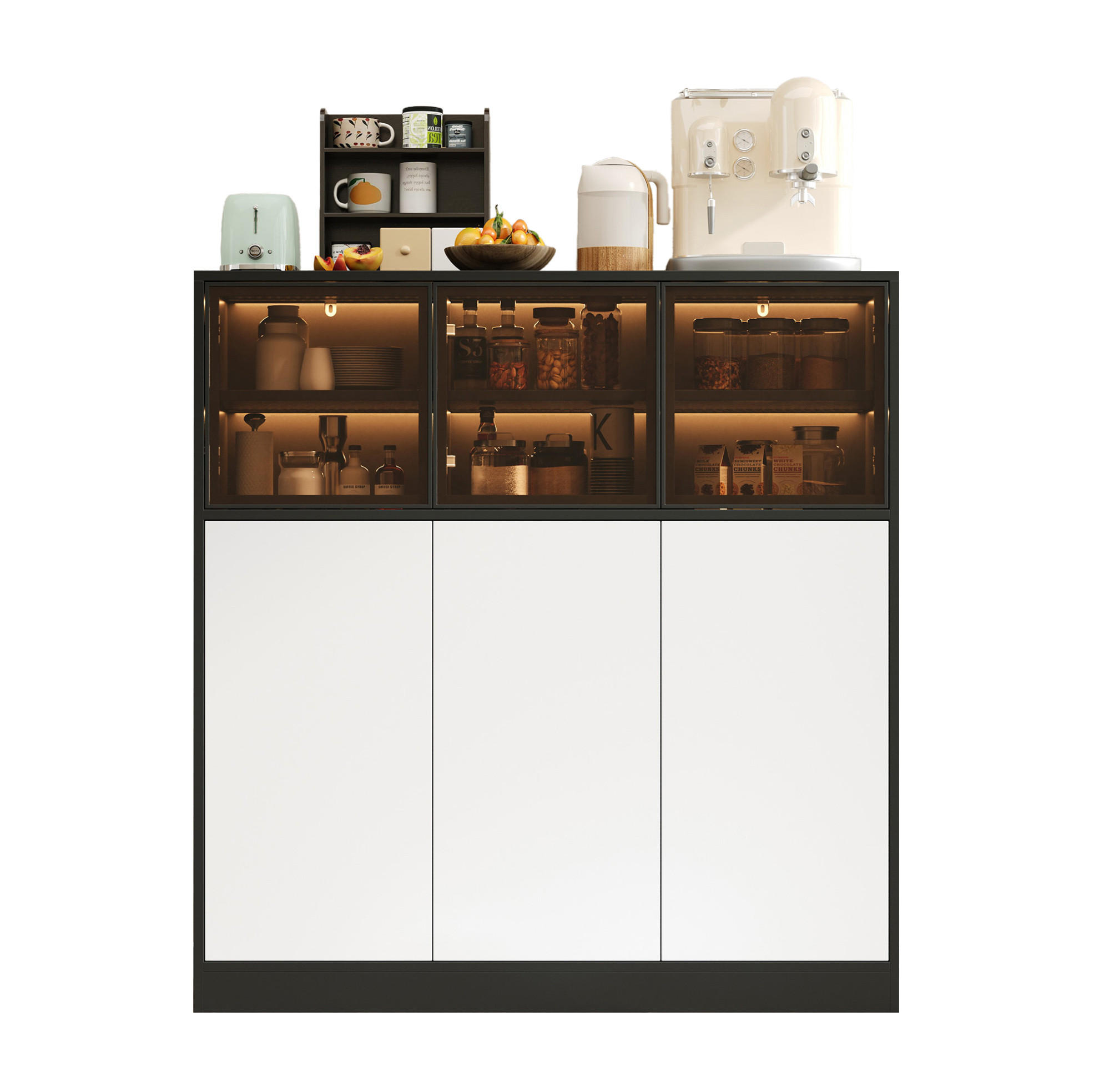 SIDEBOARD 100/40/105 cm schwarz/weiß aus Glas und Spanplatte mit LED - Schwarz, Glas (100/105/40cm) - OKWISH