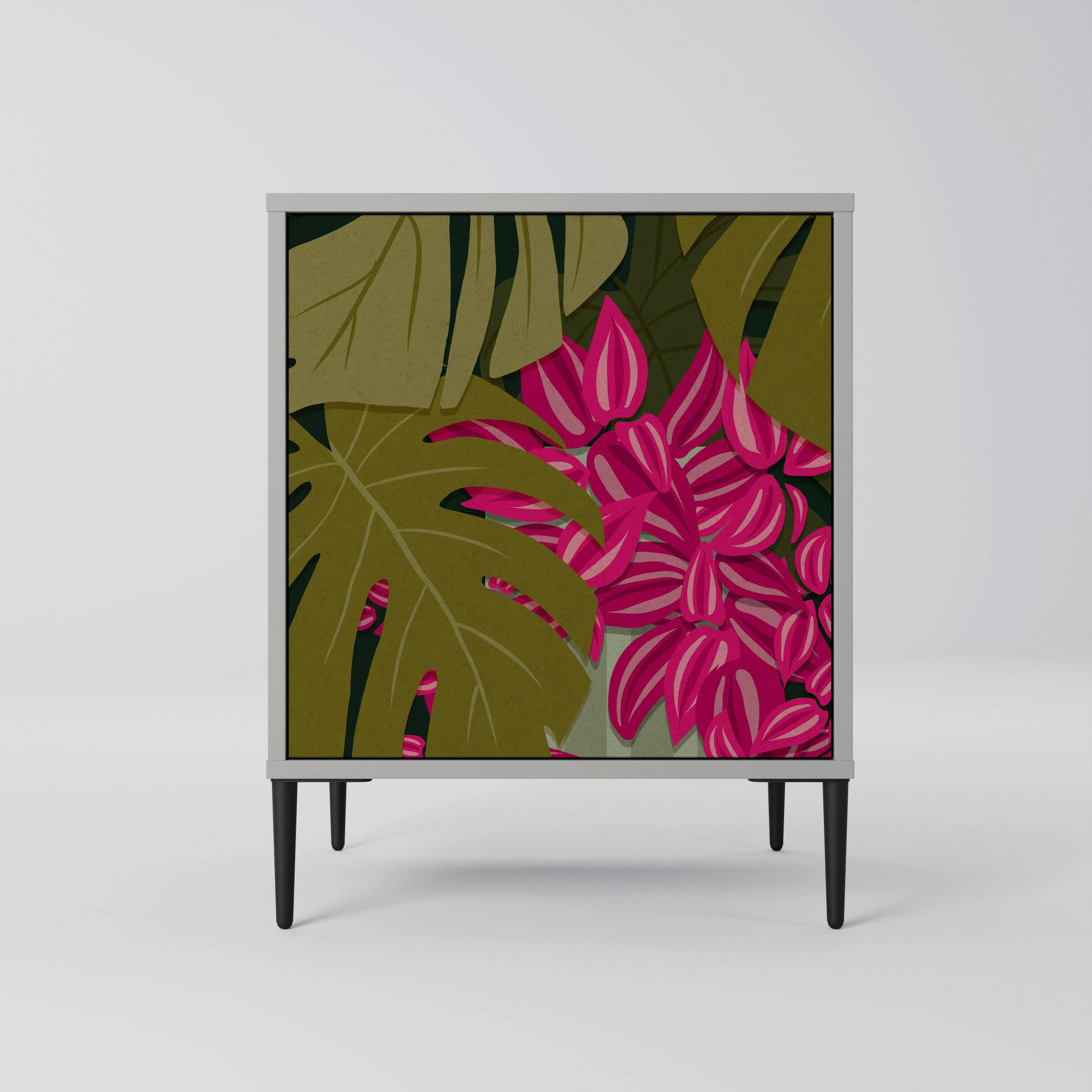 SIDEBOARD TROPICAL BEAUTY, Grau, 57,5x42x72,5 cm, Schwarze Metallfüße - Multicolor/Schwarz, Holzwerkstoff/Metall (57.5/72.5/42cm) - SpaceRebels