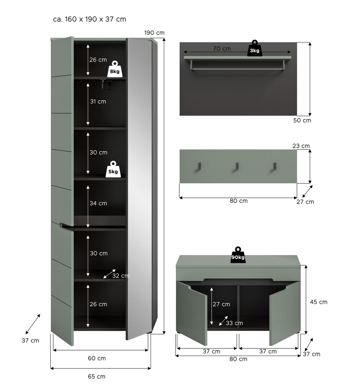 GARDEROBEN-SET CANU 3-tlg. (B/H/T: ca. 160/190/37 cm) in Basalt grau/Smoke Green - Grau, Holzwerkstoff (160/190/37cm)