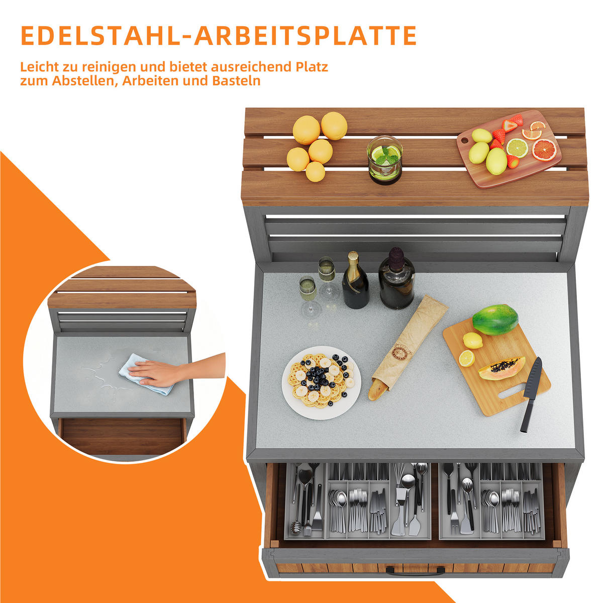 GARTENSCHRANK Holz Edelstahl Arbeitsplatte Outdoor Grillstation - Naturfarben, Holz (72.5/123/80cm) - FLIEKS