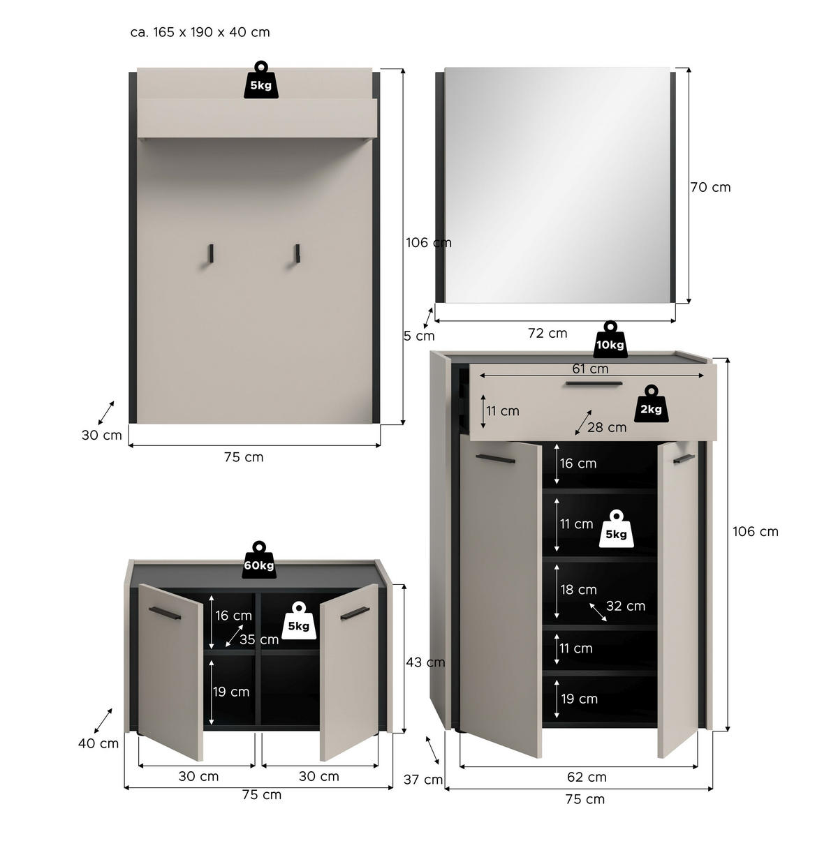 GARDEROBEN-SET Emil Kaschmir 165/40/190 cm - Beige, Holzwerkstoff (165/190/40cm) - Xonox