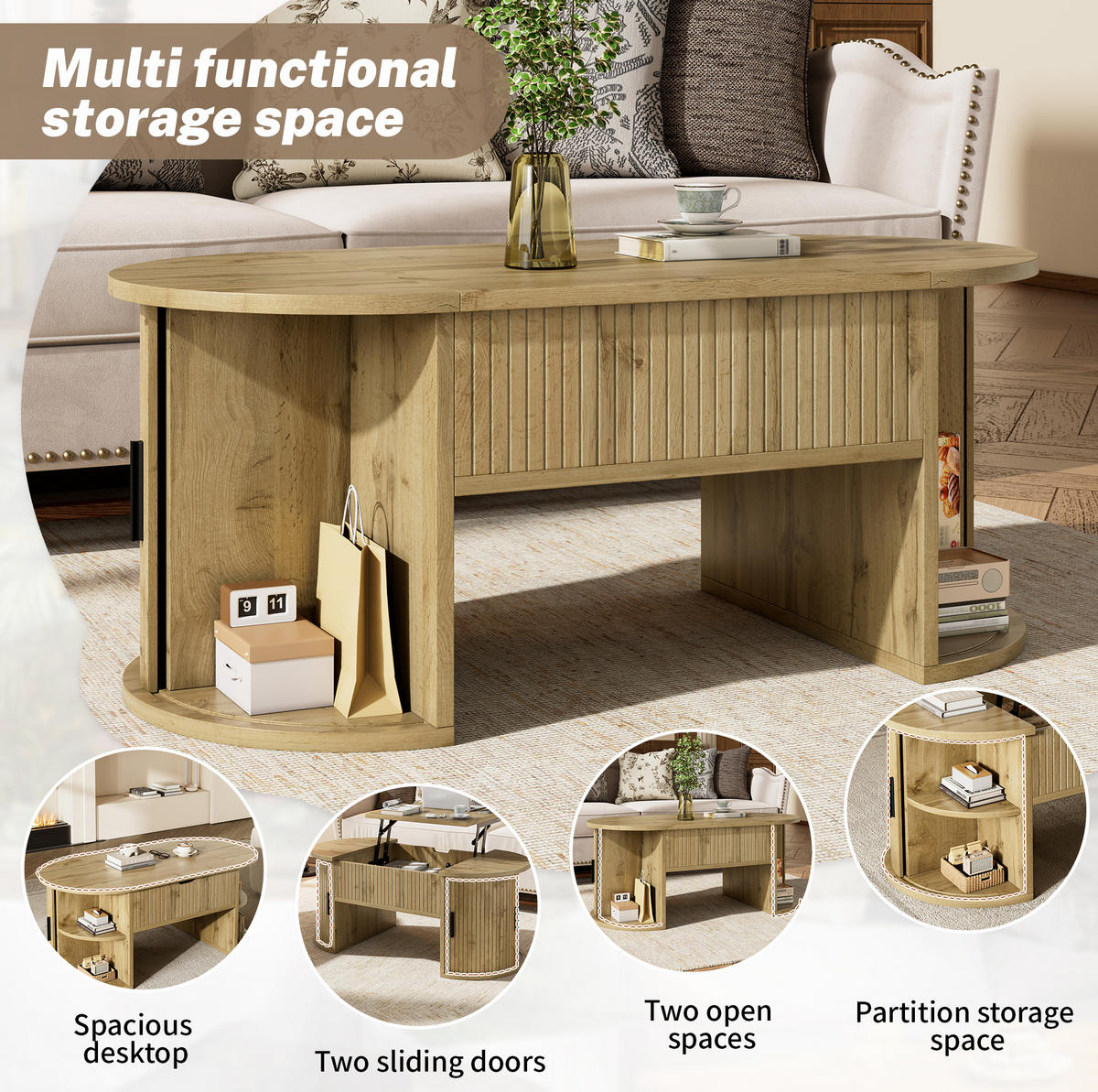 KONFERENČNÍ stolek 100/50/40,5 cm dubový z MDF s výškově nastavitelnou deskou a posuvnými dvířky - barva dubu, kompozitní dřevo (100/50/40.5cm) - OKWISH