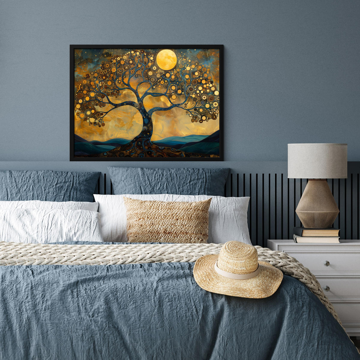 POSTER MIT RAHMENGERAHMTES BILD Baum - Mond - Blumen - Gold - Kunst 80x60 cm - Orange, Papier (80/60cm) - MuchoWow