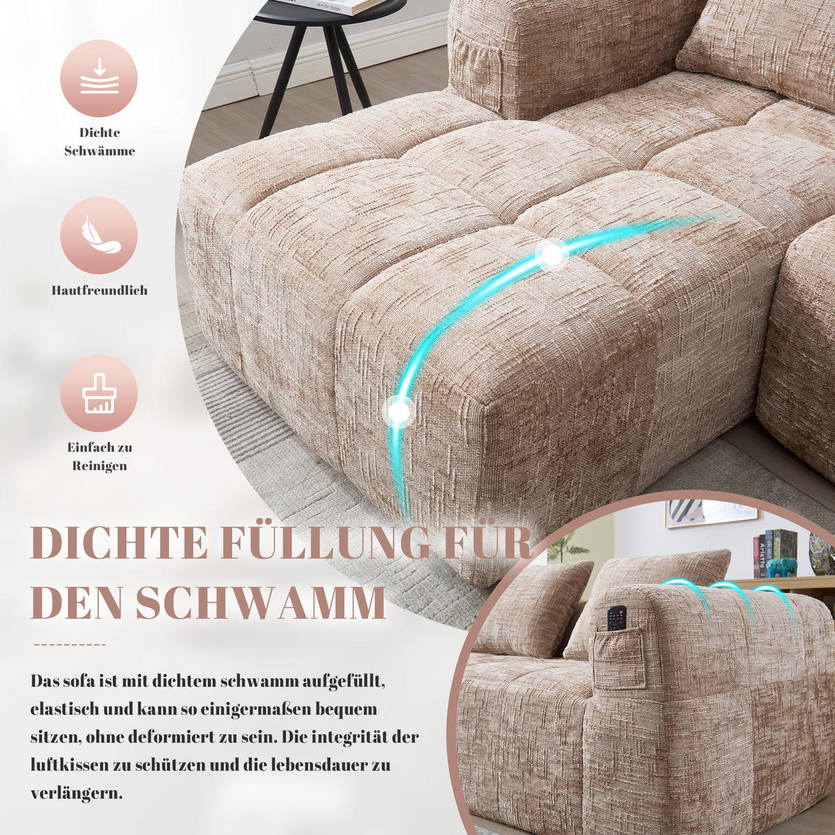 ECKSOFA 250/158/60 cm Khaki mit Seitentasche - Sandfarben, Textil (250/158cm) - Oxeza