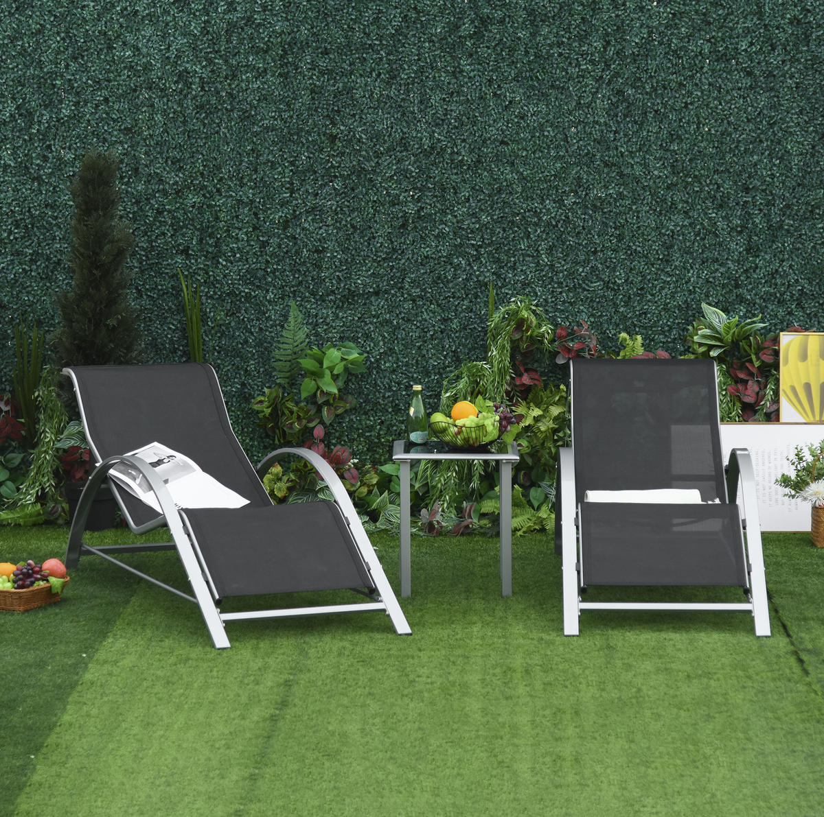GARTENLIEGEN-SET 59/169/66 cm aus Metall mit Beistelltisch und Armlehnen, Schwarz - Schwarz, Metall - Redom