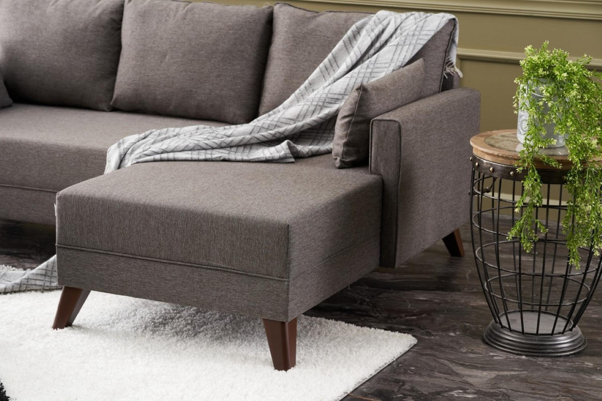 ECKSOFA mit Hocker als Schlaffläche, perfekt für kleine Räume - Taupe/Walnussfarben, Holz/Kunststoff (140/205cm) - myHomelando