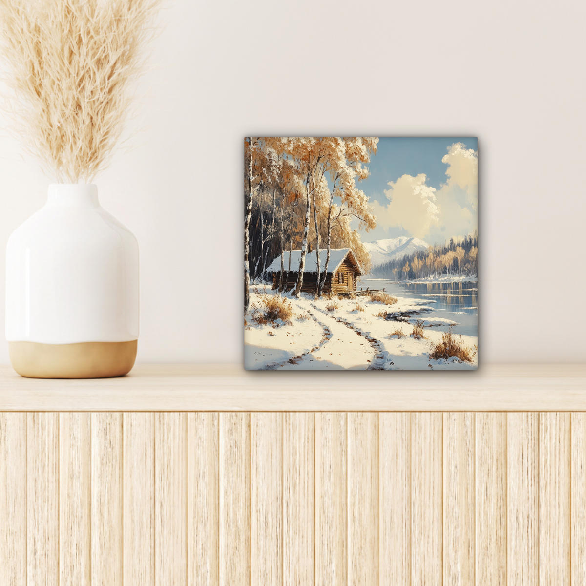 LEINWANDBILD Winter - Schnee - Zuhause - Natur 20x20 cm - Hellbraun, Textil (20/20cm) - MuchoWow