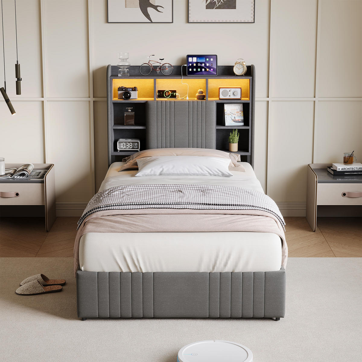 POLSTERBETT 90x200 cm LED USB 2 Schubladen Stauraum Kopfteil Leinen grau - Grau, Holz (90/200cm) - LEBENLANG