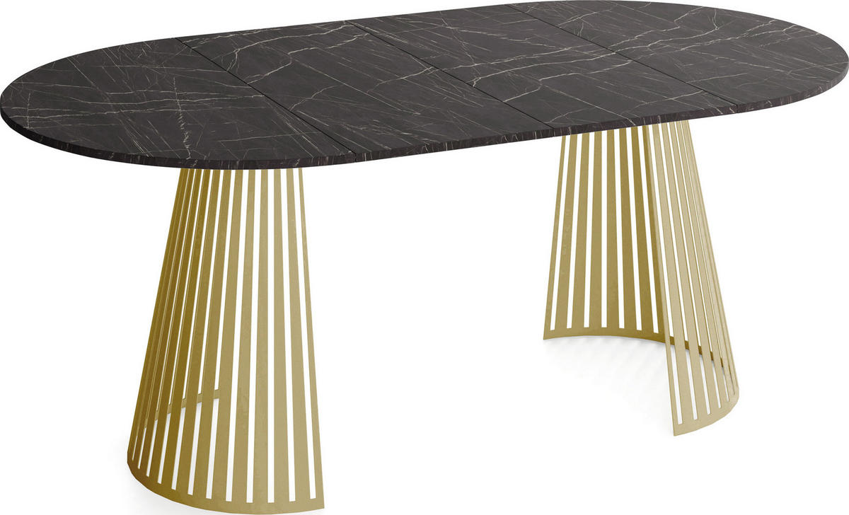 ESSTISCH Naro rund ausziehbar mit Goldenem Lamellen-Metallgestell, Marmor Schwarz 120-200/120/76 cm - Anthrazit/Goldfarben, Holzwerkstoff/Metall (120/120/76cm) - WFL GROUP