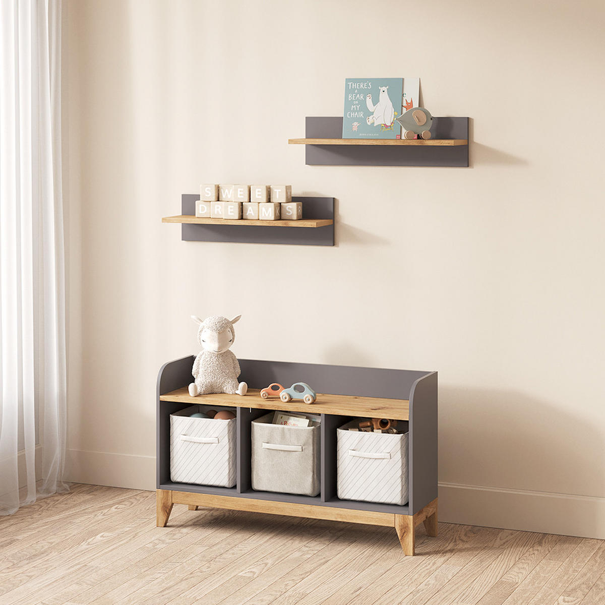 KINDERSITZBANK Mailo Grau/Artisan 107.2 x 63.8 cm XL mit 3 Schubladen - Eiche Artisan/Grau, Holzwerkstoff (107.2/63.8/30.6cm) - Livinity®