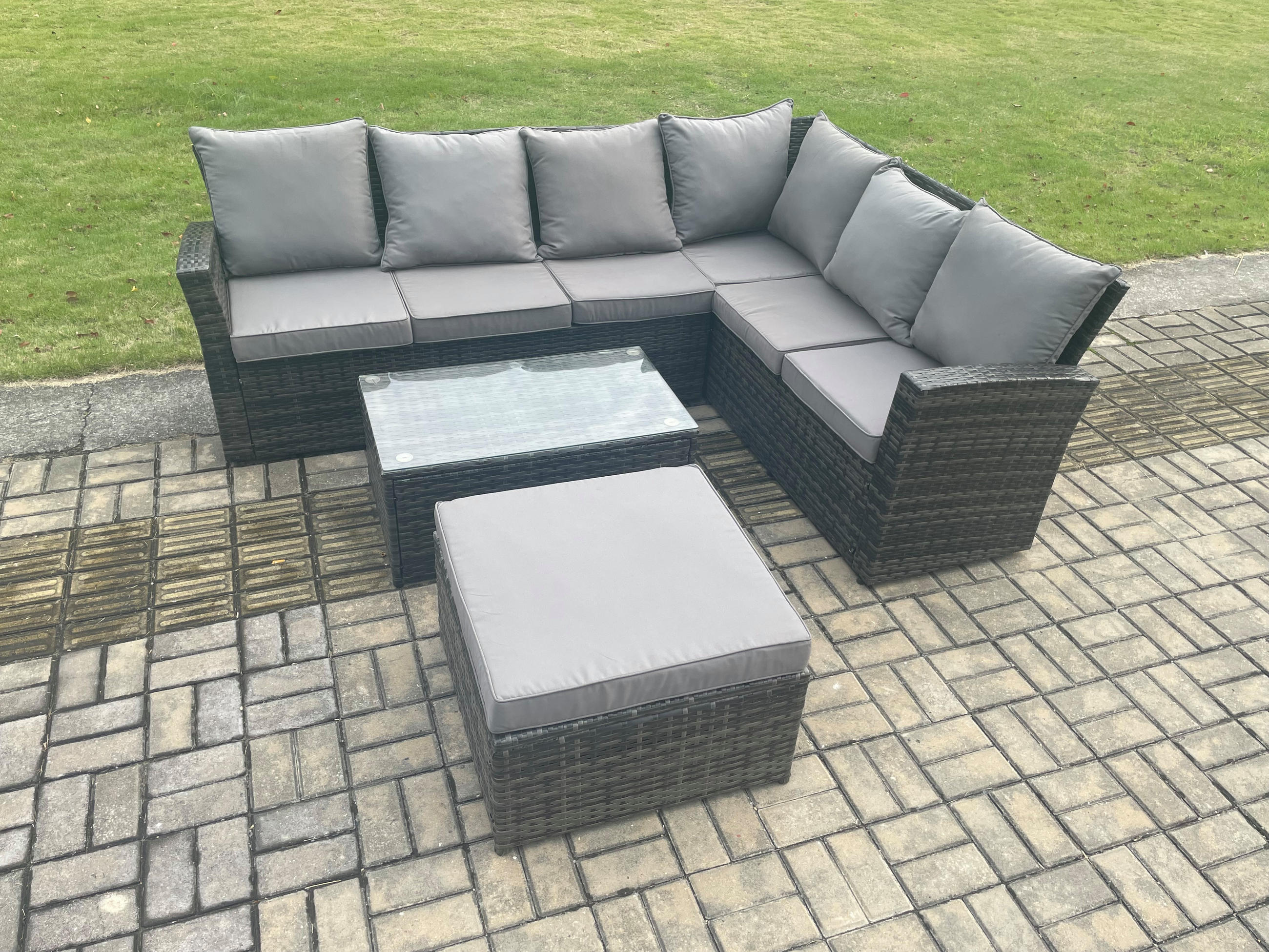 GARTENSOFA SET Hohe Rückenlehne Polyrattan Dunkelgrauer Mix 7-Sitzer - Dunkelgrau/Grau, Glas/Kunststoff - Fimous