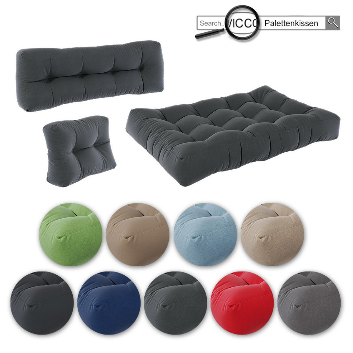 PALETTENKISSEN SET Flocken Anthrazit 120 x 80 cm 3 Teile - Anthrazit, Textil (120/80/15cm) - Vicco