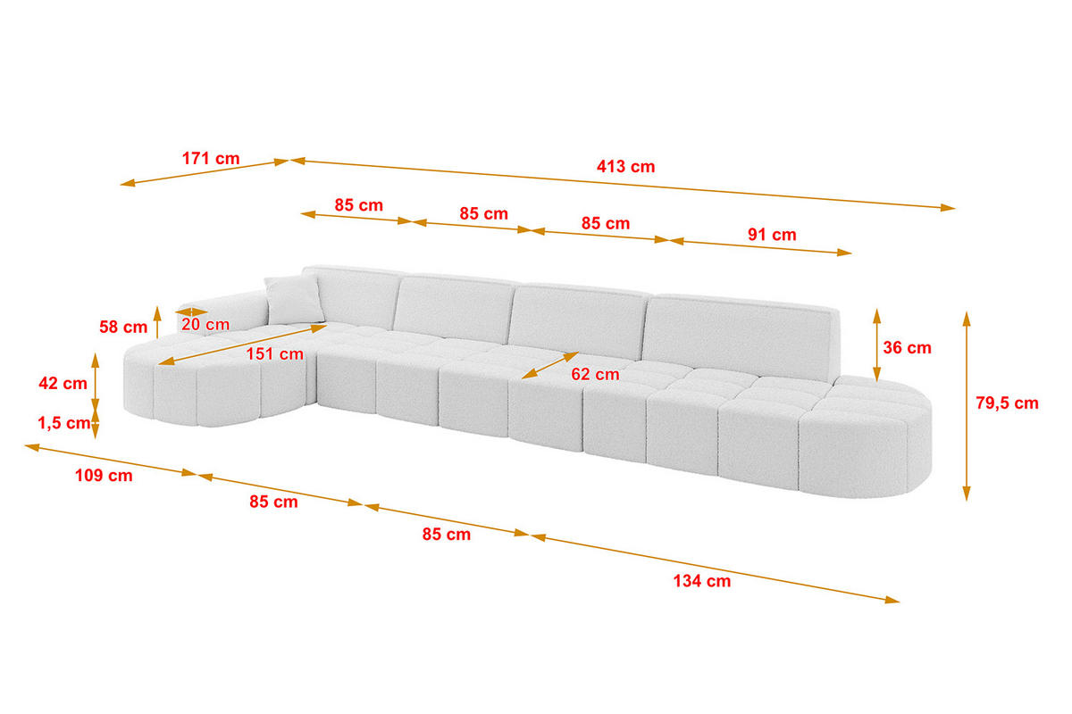 ECKSOFA Ottomane Links LIVO-L3 - 413x171x79,5 cm Weiß - Weiß, Holzwerkstoff/Textil (413/79.5/171cm) - ALTDECOR