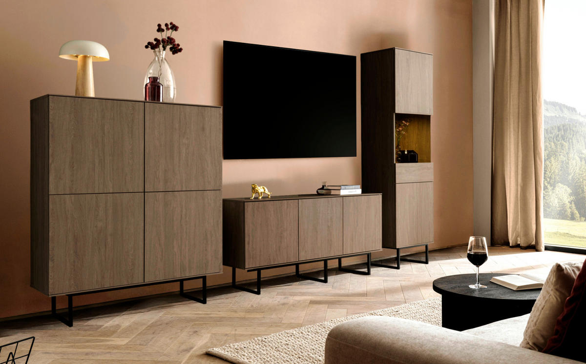 WOHNWAND in Nussbaum 2-teilig 220 cm, Komplett-Set mit Push-to-Open - Nussbaumfarben/Schwarz, Glas/Holzwerkstoff (220/200/40cm) - Furn.Design