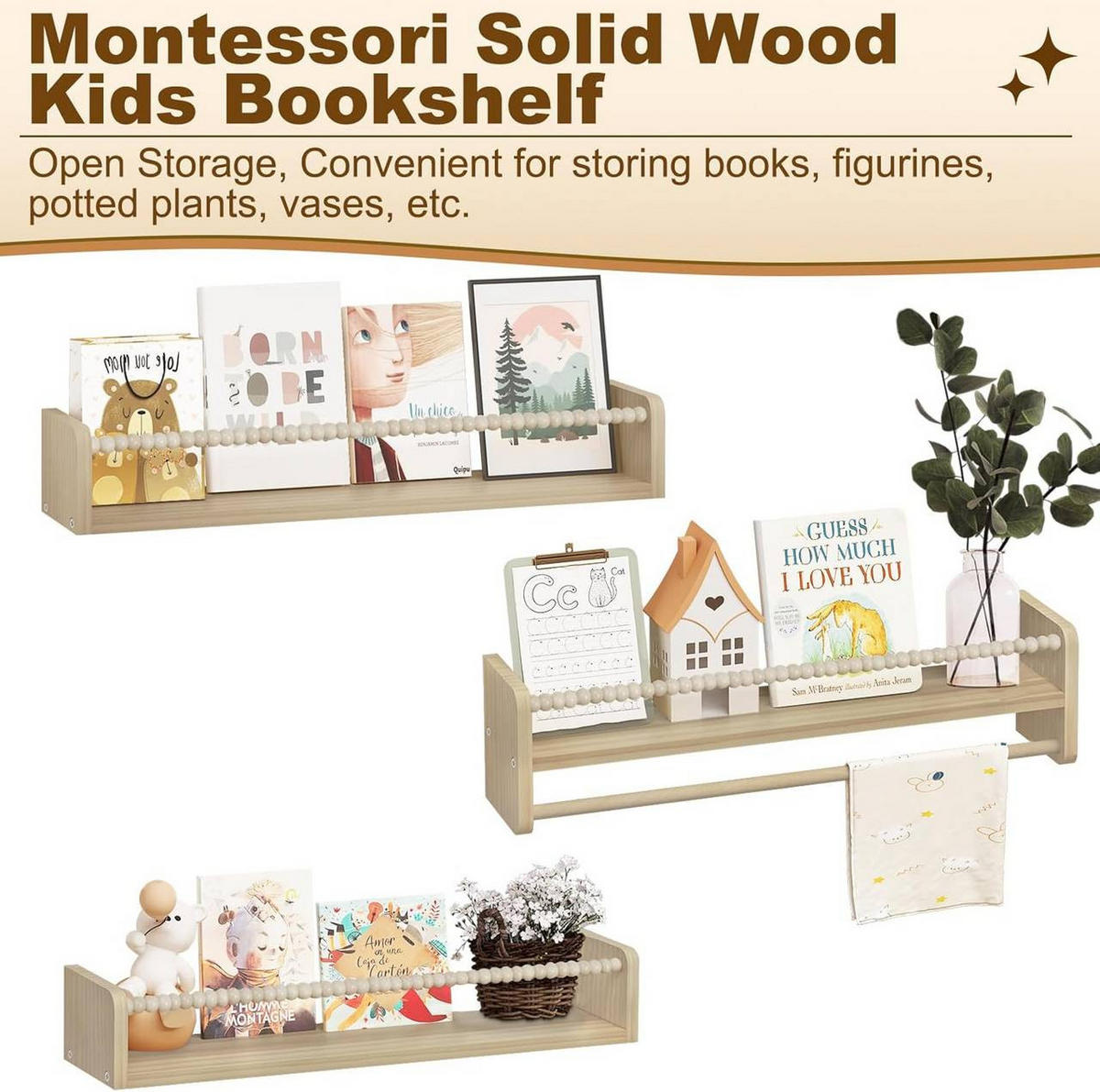 KINDER-WANDREGAL 3er Set, Massivholz, 60 x 15 x 14 cm - Naturfarben, Holz (60/15/14cm) - Woltu
