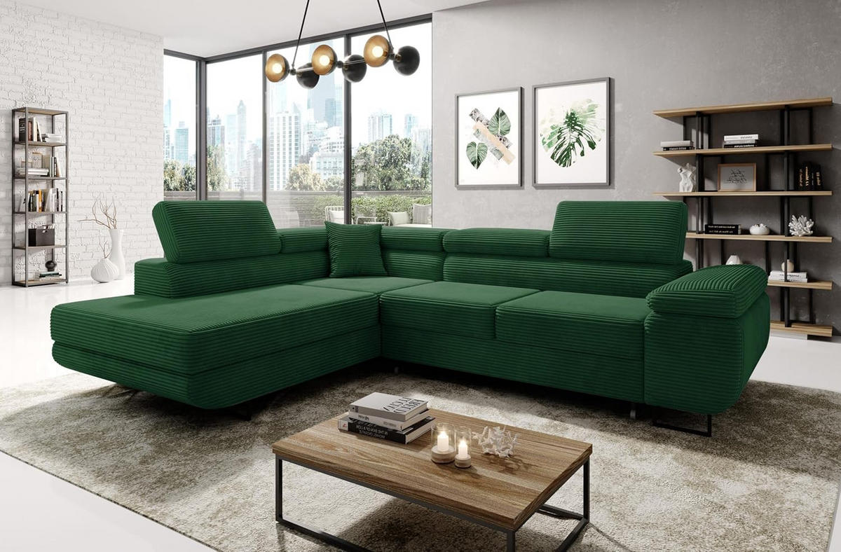 ECKSOFA ASTORP, Sofa aus Cord Grün - Poso 14 - Waldgrün/Dunkelgrün, Textil/Metall (203/277cm) - Moderno Meble