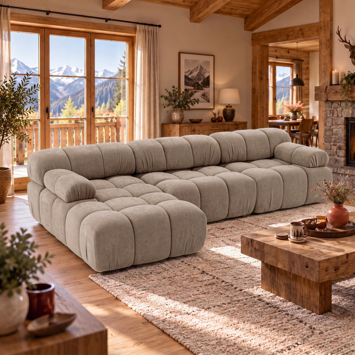 MODULARES Ecksofa MOMENTUM L, Links, Breite 282 cm, strukturierter Stoff, Beige - Chromfarben/Beige, Holz/Textil (282/155cm) - Muffo