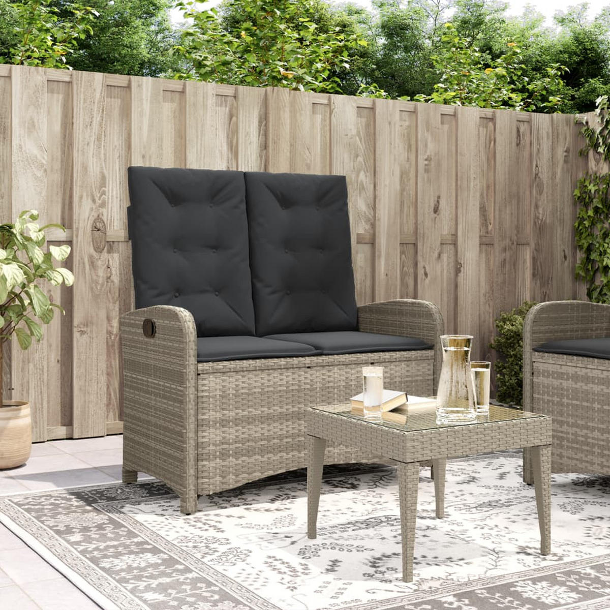 GARTENBANK Verstellbar mit Kissen Hellgrau Poly Rattan - Grau, Kunststoff (105/93/59cm) - furnicato