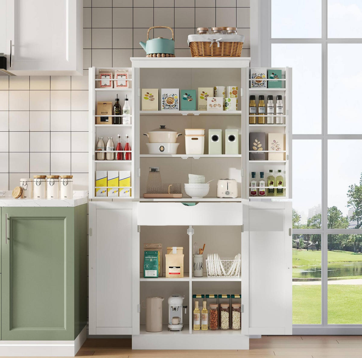 BUFFETSCHRANK 75/40/182 cm mit Innenschublade, Türablagen und vielseitigem Stauraum, Weiß - Weiß, Holzwerkstoff (75/180/40cm) - Redom