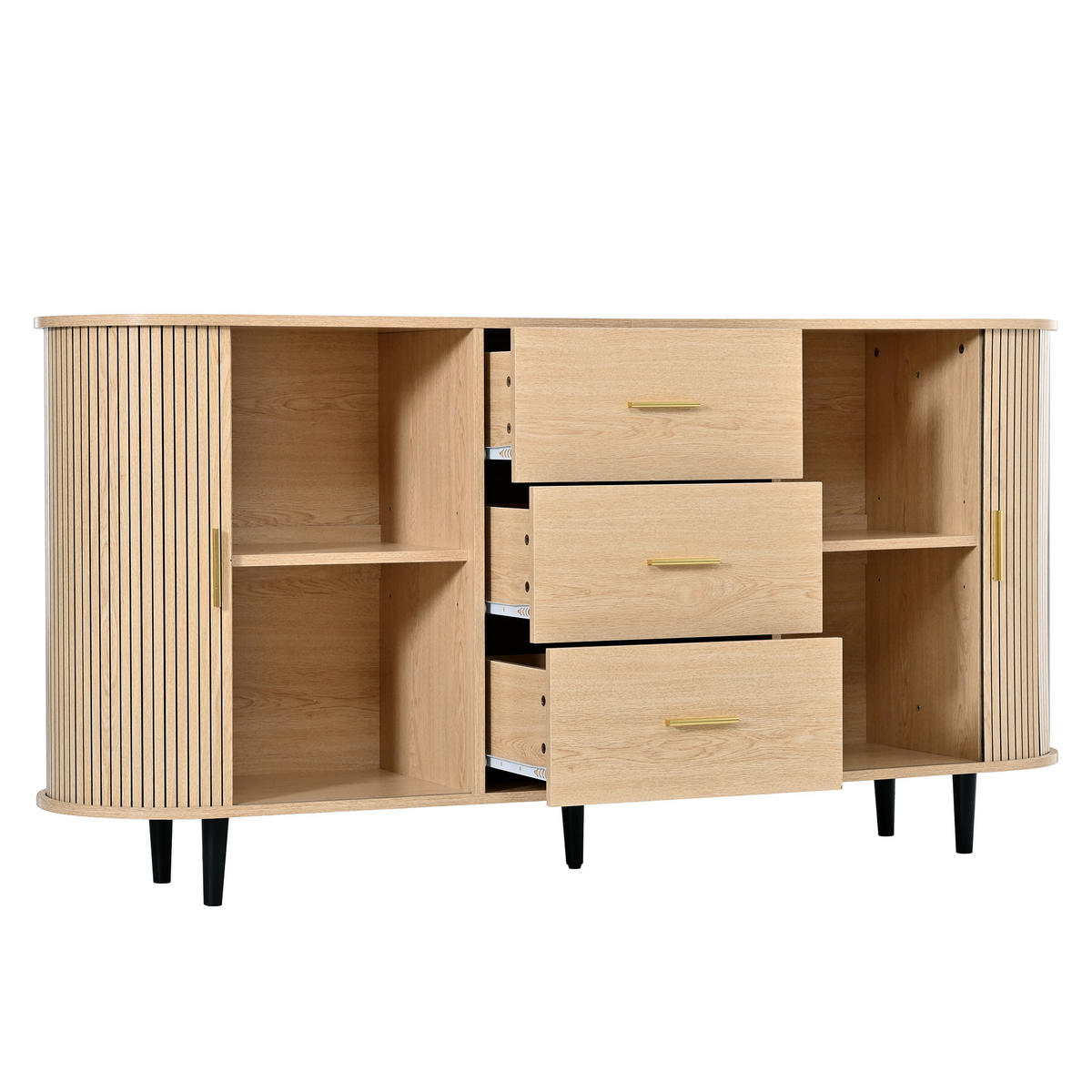 KOMODA 3 Zásuvky Posuvná dvířka Rýhy - přírodní, kompozitní dřevo (160/80.5/40cm) - FLIEKS