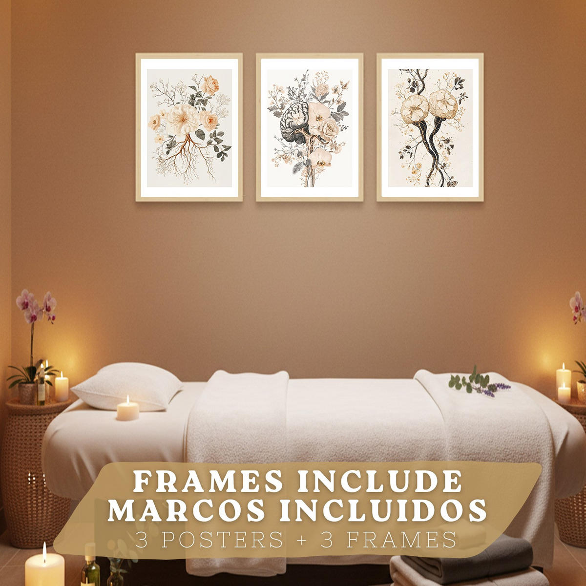 POSTER Set aus 3 Neuronale Anatomie Drucke und Wandbilder mit Neuronen Synapsen und Gehirn Minimalistischer Floraler Stil Größe Leichter Holzrahmen A3 - Beige, Papier (29.7/42/3cm) - Nacnic